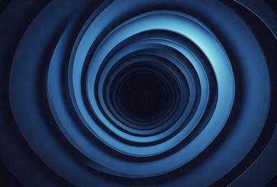 The primary subject of the image is a spiral or tunnel-like structure, which appears to be a blue, swirling vortex. The setting is a dark, blue background, which contrasts with the spiral's vibrant color. The visual style is a combination of a photo and a digital art or illustration, creating a unique and captivating image. The colors and mood of the image are predominantly dark and mysterious, with the blue spiral serving as the focal point and drawing the viewer's attention.