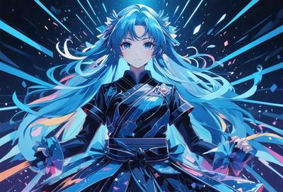 The primary subject of the image is a woman wearing a blue dress. She is standing in front of a blue background, which adds to the overall atmosphere of the scene. The visual style of the image is digital art, as it is a well-drawn and detailed illustration. The colors and mood of the image are predominantly blue, creating a calm and serene atmosphere.
