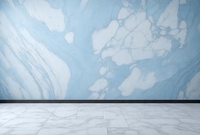 The primary subject of the image is a marble wall with a blue and white marble pattern. The setting is a room with a blue and white marble floor. The visual style is a photo of the marble wall and floor. The colors and mood of the image are predominantly blue and white, creating a clean and elegant atmosphere.