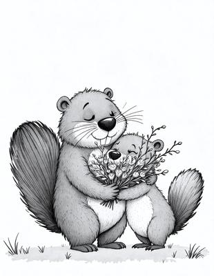 The primary subject of the image is a cartoon-like drawing of a beaver holding a flower. The beaver is hugging another beaver, and they are both surrounded by a field of flowers. The setting appears to be a natural environment, with the beavers standing on grass. The visual style is a hand-drawn illustration, giving the image a unique and artistic appearance. The colors and mood of the image are bright and cheerful, with the beavers and flowers creating a sense of warmth and happiness.