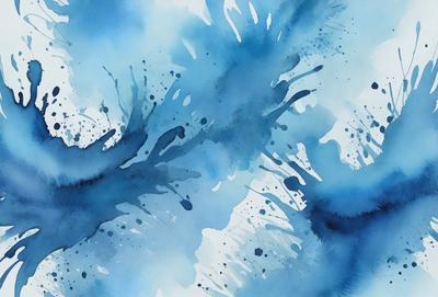 The primary subject of the image is a blue and white painting of a waterfall. The setting is a waterfall, and the visual style is a painting. The dominant colors are blue and white, creating a serene and calming atmosphere.