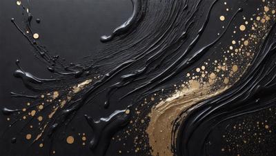 The primary subject of the image is a painting of a wave, featuring a mix of black, gold, and brown colors. The setting is a black background, and the visual style appears to be a combination of digital art and illustration. The painting creates a dynamic and textured atmosphere, with the gold and brown colors adding depth and richness to the scene.