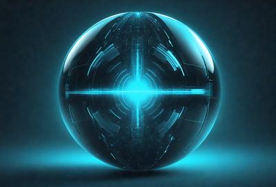 The primary subject of the image is a large, blue, round object with a futuristic design. The setting is a dark background, which contrasts with the bright blue color of the object. The visual style appears to be a combination of digital art and illustration, creating a unique and intriguing appearance. The colors and mood of the image are predominantly blue, giving it a calm and futuristic atmosphere.