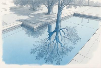 The primary subject of the image is a tree with a blue trunk, which is reflected in a pool of water. The setting is a pond, and the visual style is a drawing or illustration. The colors and mood of the image are predominantly blue, creating a serene and calming atmosphere.
