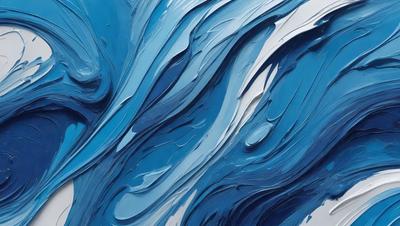 The primary subject of the image is a blue and white painting of a wave. The setting is a blue background, and the visual style appears to be a digital art or illustration. The dominant colors in the painting are blue and white, creating a calming and serene atmosphere.