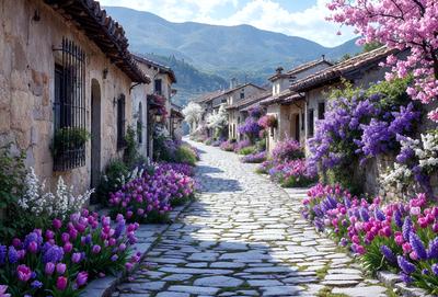 The primary subject of the image is a narrow cobblestone street lined with purple flowers and purple trees. The setting is a small village with a mountain in the background. The visual style is a photo, capturing the beauty of the village and its surroundings. The colors and mood are predominantly purple, creating a serene and picturesque atmosphere.