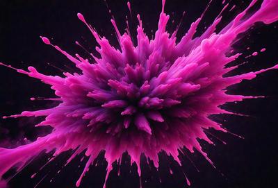 The primary subject of the image is a large, pink, purple, and white splash of paint, which appears to be a digital art or illustration. The setting is a dark background, which contrasts with the vibrant colors of the splash. The visual style is artistic and creative, with the paint splash resembling a flower or a cloud. The colors and mood of the image are lively and energetic, with the pink and purple hues evoking a sense of warmth and positivity.