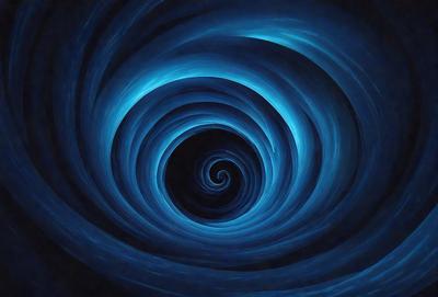 The primary subject of the image is a spiral, which is the main object, scene, or focus of the image. The spiral is set against a blue background, giving it a vibrant and lively appearance. The visual style of the image is digital art, as it is a computer-generated representation of the spiral. The dominant colors in the image are blue and black, creating a sense of depth and contrast.