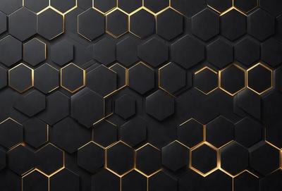 The primary subject of the image is a black and gold patterned wallpaper. The setting is a black background, and the visual style is a close-up of the pattern. The dominant colors are black and gold, creating a sophisticated and elegant atmosphere.