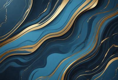 The primary subject of the image is a blue and gold wallpaper with a wave pattern. The setting is a wall, and the visual style is a combination of digital art and illustration. The dominant colors are blue and gold, creating a calm and sophisticated atmosphere.