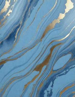 The primary subject of the image is a blue and gold swirling pattern, which appears to be a painting or a digital artwork. The setting is a blue background, and the visual style is a combination of painting and digital art. The dominant colors are blue and gold, creating a sense of depth and richness in the artwork.