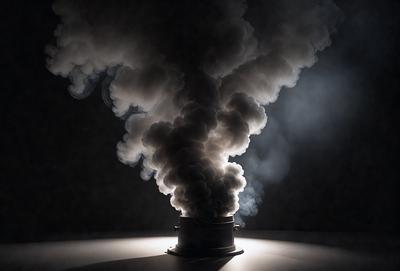 The primary subject of the image is a large, dark, and smoky cloud. The setting is a dark room, and the visual style is a black and white photo. The dominant colors are black and white, and the overall atmosphere is mysterious and dramatic.