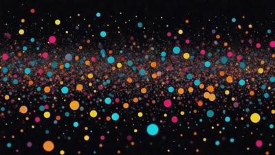 The primary subject of the image is a vibrant and colorful pattern of circles, which are scattered throughout the scene. The setting appears to be a dark background, which contrasts with the bright and lively circles. The visual style of the image is a combination of photo and digital art, creating a unique and eye-catching pattern. The dominant colors in the image are blue, orange, and yellow, which contribute to the overall lively and energetic atmosphere.