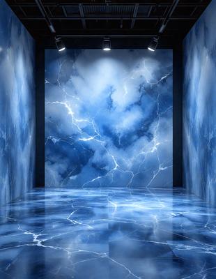 The primary subject of the image is a blue and white marble wall with a cloudy design. The setting is a room with a blue floor, and the visual style appears to be a photo. The dominant colors are blue and white, creating a calm and serene atmosphere.