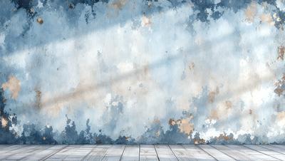 The primary subject of the image is a wall with a blue and white color scheme. The setting is a room with a wooden floor. The visual style is a painting, which gives the image a unique and artistic appearance. The dominant colors are blue and white, creating a calm and serene atmosphere.