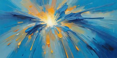 The primary subject of the image is a blue and yellow painting, which features a bright sun in the center. The setting is a blue background, and the visual style appears to be a mix of digital art and illustration. The dominant colors in the painting are blue and yellow, creating a vibrant and lively atmosphere.