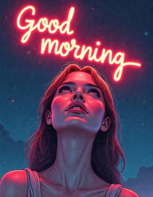 The image features a woman with red hair, looking up at the sky. She is the primary subject of the image. The setting is a night sky, with a few stars visible. The visual style is a digital art or illustration, creating a vibrant and colorful atmosphere. The colors and mood are predominantly red and pink, giving the image a warm and inviting feel.
