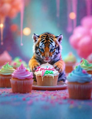 The primary subject of the image is a small tiger cub, which is holding a cupcake with the words "I miss you" written on it. The setting is a colorful and whimsical environment, with a pink background and a variety of cupcakes scattered around the scene. The visual style is a combination of photo and digital art, creating a unique and playful atmosphere. The colors and mood of the image are predominantly pink and lighthearted, reflecting the innocence and charm of the tiger cub interacting with the cupcake.