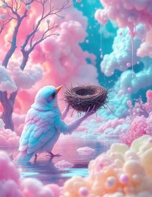 The primary subject of the image is a bird, specifically a blue bird, holding a nest in its beak. The bird is standing in a body of water, which serves as the setting for the scene. The visual style of the image is digital art, as it is a colorful and vibrant illustration. The dominant colors in the image are pink and blue, creating a warm and inviting atmosphere.