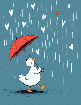 The primary subject of the image is a cartoon duck holding an umbrella in the rain. The duck is standing on a rain-soaked street, and the umbrella is red. The setting is a rainy day, and the visual style is a cartoon illustration. The colors and mood of the image are predominantly dark and gloomy, with the red umbrella being the only bright spot.