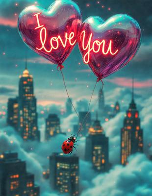 Primary subject: A ladybug balloon with the words "I love you" written on it.

Setting/background: The ladybug balloon is flying in the sky over a cityscape.

Visual style: The image is a digital artwork.

Colors and mood: The colors are predominantly pink and red, creating a warm and loving atmosphere.
