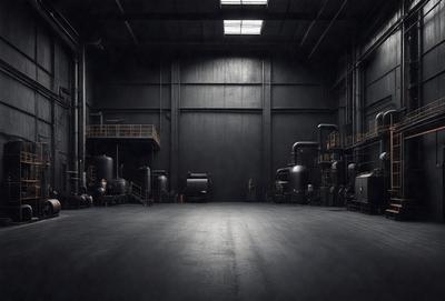 The primary subject of the image is a large industrial building with a black interior. The setting is a factory or warehouse, and the visual style is a black and white photo. The dominant colors are black and white, creating a moody atmosphere. The building features a large number of pipes and tanks, which are essential components of the industrial facility.
