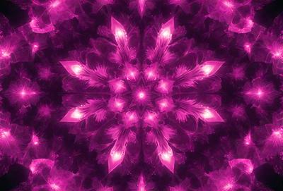 The primary subject of the image is a large, pink flower with a purple background. The flower is the focal point of the scene, and it appears to be a digital art or illustration. The visual style gives the image a vibrant and lively atmosphere, with the pink and purple colors creating a sense of warmth and energy.