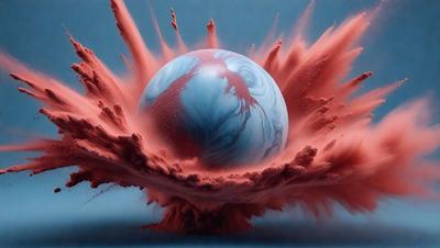 The primary subject of the image is a blue and red ball, which is the main object in the scene. The ball is located in the center of the image, surrounded by a red and blue splash. The setting appears to be a blue surface, possibly a wall or a table. The visual style of the image is a combination of photo and digital art, creating a unique and eye-catching scene. The colors and mood of the image are vibrant and energetic, with the red and blue hues adding a sense of excitement and dynamism to the overall atmosphere.