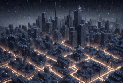 The primary subject of the image is a cityscape at night, featuring a large city with tall buildings and a skyline. The setting is a dark, rainy night, creating a moody atmosphere. The visual style is a combination of photo and digital art, with the buildings and skyline appearing to be drawn or digitally manipulated. The colors are predominantly dark, with the buildings and skyline being illuminated by artificial lighting, creating a dramatic contrast against the night sky.