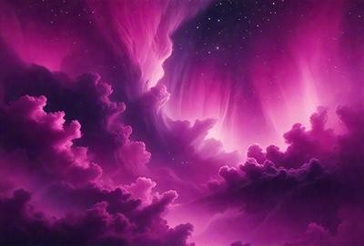 The primary subject of the image is a purple sky with clouds, creating a vibrant and colorful atmosphere. The setting is a nighttime sky, with the clouds and stars visible against the dark background. The visual style of the image is a digital art or illustration, showcasing the artist's creativity and skill in capturing the beauty of the purple sky. The colors and mood of the image are predominantly purple and pink, evoking a sense of serenity and wonder.