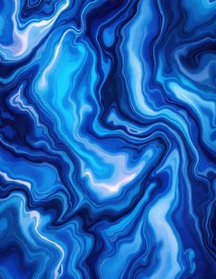 The primary subject of the image is a blue and white patterned surface, which appears to be a painting or a digital artwork. The setting is a blue background, and the visual style is a combination of photo and digital art. The dominant colors are blue and white, creating a calm and serene atmosphere.
