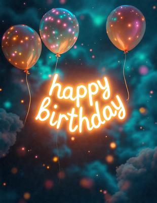Happy Birthday: [The main object, scene, or focus of the image is a birthday sign with the words "Happy Birthday" written in yellow.]

Setting/background: [The environment, backdrop, or surface visible in the image is a blue sky with a few balloons floating in it.]

Visual style: [The image is a digital art or illustration.]

Colors and mood: [The dominant colors in the image are yellow and blue, with a cheerful and celebratory atmosphere.]