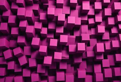 The primary subject of the image is a large, pink, three-dimensional wall made up of many small, square-shaped blocks. The setting is a room with a purple background, and the visual style is a combination of photo and digital art. The dominant colors are pink and purple, creating a warm and inviting atmosphere.