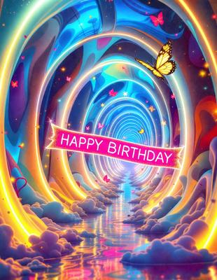 Happy Birthday: A colorful, whimsical tunnel with a butterfly flying through it. The tunnel is filled with various butterflies and other colorful elements, creating a vibrant and cheerful atmosphere.