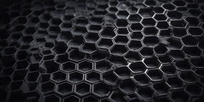 The primary subject of the image is a close-up of a black and white honeycomb pattern. The setting is a dark background, which contrasts with the honeycomb pattern. The visual style is a black and white photo, giving the image a classic and timeless appearance. The dominant colors are black and white, with the honeycomb pattern being the main focus of the image. The overall atmosphere is intricate and detailed, showcasing the unique structure of the honeycomb pattern.