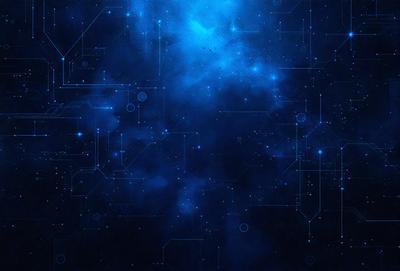 The primary subject of the image is a blue, star-filled sky. The setting is a dark, starry night with a few stars visible in the background. The visual style is a digital art or illustration, creating a sense of depth and intricacy in the design. The colors and mood of the image are predominantly blue, creating a serene and peaceful atmosphere.