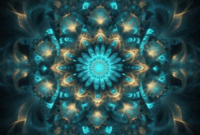 The primary subject of the image is a blue and gold flower, which is the centerpiece of the artwork. The setting is a blue background, which complements the vibrant colors of the flower. The visual style is a digital art or illustration, showcasing the intricate details of the flower. The dominant colors are blue and gold, creating a serene and calming atmosphere.