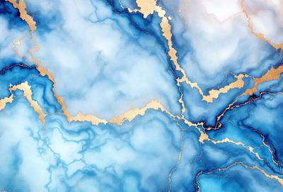 The primary subject of the image is a blue and gold marbled wall. The setting is a room with a blue and gold marbled wall, which serves as the background. The visual style is a combination of photo and digital art, creating a unique and intricate pattern. The dominant colors are blue and gold, giving the wall a rich and luxurious appearance.