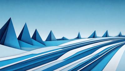 The primary subject of the image is a blue and white painting of a mountain range. The setting is a blue sky, and the visual style is a digital art or illustration. The dominant colors are blue and white, creating a serene and calming atmosphere.