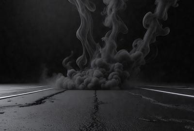 The primary subject of the image is a large cloud of smoke, which is billowing upwards and filling the entire frame. The setting is a dark, possibly nighttime, environment, with the smoke being the main focus of the scene. The visual style appears to be a black and white photo, giving the image a dramatic and moody atmosphere.