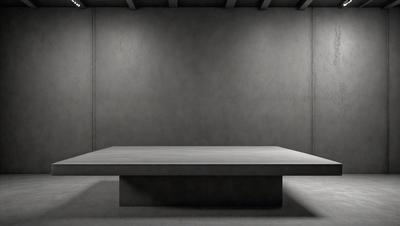 The primary subject of the image is a large, empty concrete table. The table is situated in a room with a gray wall, which serves as the setting and background of the scene. The visual style of the image is a black and white photo, giving it a classic and timeless appearance. The dominant colors in the image are gray, which is prevalent in the concrete table and the gray wall, and black, which is present in the shadows and contrasts. The overall atmosphere of the image is minimalistic and stark, emphasizing the simplicity and elegance of the concrete table.