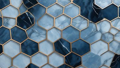 The primary subject of the image is a patterned tile with a blue and gold color scheme. The setting is a bathroom, as indicated by the presence of a marble countertop. The visual style is a close-up of the tile, showcasing its intricate design. The colors and mood of the image are vibrant and luxurious, with the blue and gold tones creating a sense of elegance and sophistication.