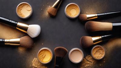 The primary subject of the image is a collection of makeup brushes, which are arranged in a circular pattern on a black surface. The brushes are of various sizes and are placed in a way that creates a visually appealing composition. The setting is a black background, which provides a clean and contrasting backdrop for the brushes. The visual style of the image is a close-up of the brushes, showcasing their details and textures. The colors and mood of the image are predominantly dark, with the black background and the brushes themselves being the main focus.