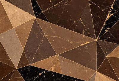 The primary subject of the image is a close-up of a marble tile with a pattern of triangles. The setting is a room with a brown and gold color scheme. The visual style is a combination of a photo and digital art, creating a unique and intricate design. The dominant colors are brown and gold, giving the room a warm and luxurious atmosphere.