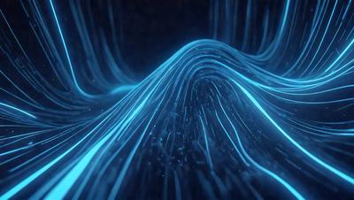 The primary subject of the image is a blue, wavy, and swirling pattern. The setting is a dark background, which contrasts with the blue pattern. The visual style is a digital art or illustration, creating a unique and captivating atmosphere. The dominant colors are blue and black, giving the image a futuristic and dynamic feel.