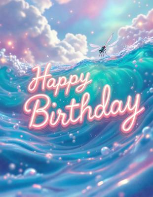 Happy Birthday: [The main object, scene, or focus of the image is a birthday celebration, with a colorful and happy atmosphere.]

Setting/background: [The environment, backdrop, or surface visible in the image is a blue ocean, with a cloudy sky.]

Visual style: [The image is a digital art or illustration, featuring a colorful and vibrant design.]

Colors and mood: [The dominant colors in the image are blue, pink, and white, creating a cheerful and celebratory mood.]