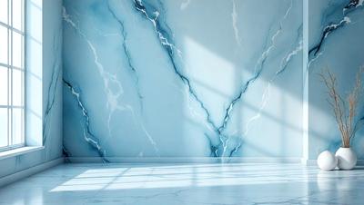 The primary subject of the image is a wall with a marble texture, featuring a blue and white color scheme. The setting is a room with a window, and the visual style appears to be a photo. The colors and mood of the image are predominantly blue and white, creating a clean and elegant atmosphere.