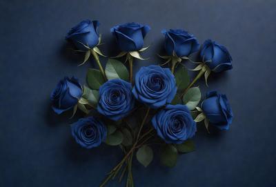 The primary subject of the image is a bouquet of blue roses. The setting is a dark blue background, which creates a dramatic and moody atmosphere. The visual style is a close-up of the bouquet, showcasing the details of the flowers. The colors and mood of the image are predominantly dark and mysterious, with the blue roses being the main focal point.