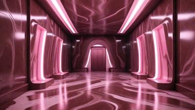 The primary subject of the image is a hallway with a pink color scheme. The setting is a room with a doorway, and the visual style appears to be a combination of photo and digital art. The colors and mood of the image are predominantly pink, creating a warm and inviting atmosphere.
