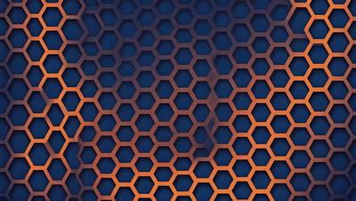 The primary subject of the image is a blue and orange patterned surface, which appears to be a wall or a piece of artwork. The setting is indoors, with the patterned surface being the main focus of the image. The visual style is a combination of digital art and illustration, creating a unique and eye-catching design. The dominant colors are blue and orange, which contribute to a vibrant and lively atmosphere.